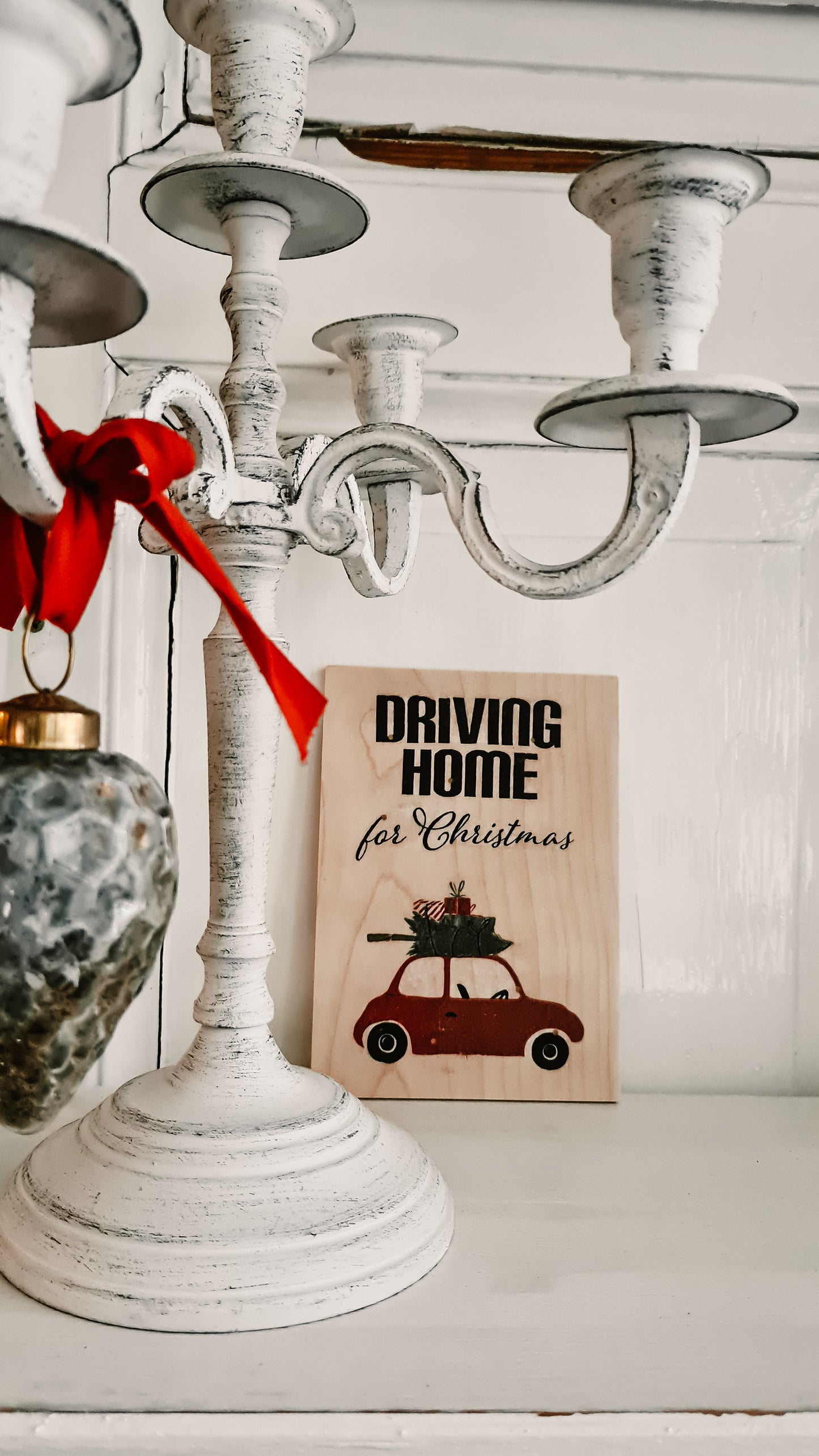 Gestaltungsbeispiel mit Serviettentechnik, Weihnachtsmotiv "Driving home for Christmas"